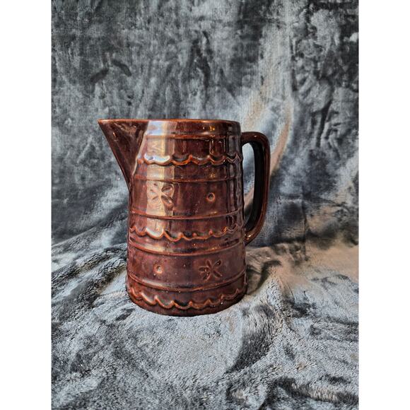 VINTAGE MARCREST BROWN STONEWARE PITCHER DAISY & DOT PATTERN - Picture 2 of 12